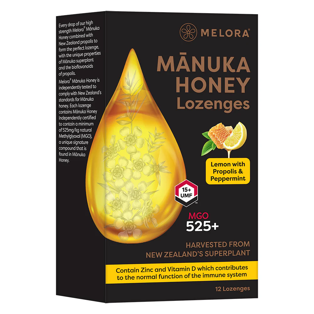Melora Manuka Honey Lozenges Lemon with Propolis & Peppermint 12 Lozenges